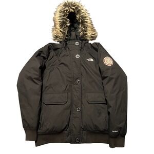 The North Face HyVent Arctic‎ Bomber Jacket Black Womens Large Faux Fur Hood